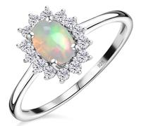 TJC Birthstone Halo Engagement Ring for Women, 925 Sterling Silver Platinum Plated Opal Gemstone Ring, Vintage Royal Halo Ladies Statement Jewellery Gift - Size K