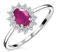 TJC Birthstone Halo Engagement Ring for Women, 925 Sterling Silver Platinum Plated Ruby Gemstone Ring, Vintage Royal Halo Ladies Statement Jewellery Gift - Size K