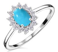 TJC Birthstone Halo Engagement Ring for Women, 925 Sterling Silver Platinum Plated Turquoise Gemstone Ring, Vintage Royal Halo Ladies Statement Jewellery Gift - Size K