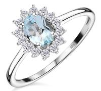 TJC Blue Topaz Halo Ring for Women in Platinum Plated 925 Sterling Silver Size V Prongs Setting Anniversary Wedding Proposal Gemstone Jewellery November Birthstone Metal Wt. 1.69 Grams, (7528213)