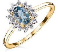 TJC Blue Topaz Halo Ring In Yellow Gold Plated 925 Sterling Silver for Women Size O Prong Setting with White Zircon November Birthstone