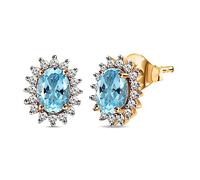 TJC Blue Topaz Halo Stud Earrings in Yellow Gold Plated 925 Sterling Silver for Women Prong Setting with Simulated White Zircon November Birthstone
