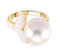 TJC Edison Pearl Statement Ring for Women, 925 Sterling Silver Yellow Gold Plated, Enamel Designer Pearl Cocktail Ring, June Birthstone Jewellery Gift for Her Size M