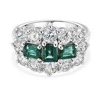 TJC Emerald Boat Ring for Women 925 Sterling Silver Rhodium Plated, AAA Emerald & White Zircon Statement Ring, Green Gemstone Cocktail Jewellery Gift Size M