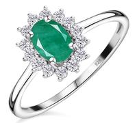 TJC Emerald Halo Ring for Women in Platinum Plated 925 Sterling Silver Size N Prongs Setting Green Coloured May Birthstone Metal Wt. 1.5 Grams