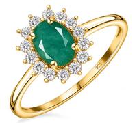 TJC Emerald Halo Ring in 14ct Gold Plated 925 Sterling Silver for Women Size K Prong Setting with White Zircon Green Coloured May Birthstone