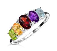 TJC Five Stone 925 Sterling Silver Ring for Women and Girls Garnet Citrine Amethyst Multi Gemstones Size V