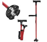 TJC Folding Cane Walking Stick with LED Light & SOS Alarm - Lightweight, Adjustable & Portable with Balancing Quad Base - Mobility Aid for Elderly with Dual Handle & Strap for Carrying - Red