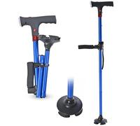 TJC Folding Cane Walking Stick with LED Light & SOS Alarm - Lightweight, Adjustable & Portable with Balancing Quad Base - Mobility Aid for Elderly with Dual Handle & Strap for Carrying - Blue