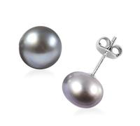 TJC Freshwater Pearl Stud Earrings for Women 10MM Grey Pearl 925 Sterling Silver Platinum Plated, Classic Solitaire Earrings, Elegant Jewellery Gift
