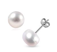 TJC Freshwater Pearl Stud Earrings for Women 10MM White Pearl 925 Sterling Silver Platinum Plated, Classic Solitaire Earrings, Elegant Jewellery Gift