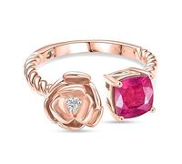 TJC GP African Ruby Floral Open Ring for Women 925 Sterling Silver 18K Rose Gold Vermeil, Cushion Cut Ruby with White Zircon Italian Garden Collection Designer Ring Size S