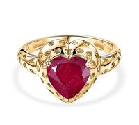 TJC GP Collection African Ruby Heart Ring with Kanchanaburi Blue Sapphire - 18K Yellow Gold Vermeil on Sterling Silver - Designer Statement Ring- Size M