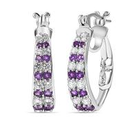 TJC GP Italian Garden Collection African Amethyst & White Zircon Full Hoop Earrings - Rhodium Overlay Sterling Silver - Blue Sapphire Signature Detail