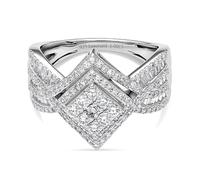TJC Luxuriant Lab Grown Diamond Cluster Ring for Women, 925 Sterling Silver Rhodium Plated Kite Design Statement Cocktail Ring, Geometric Pave Diamond Ring, Bridal Jewellery Gift for Her Size L