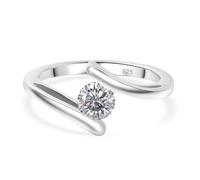 TJC Moissanite Bypass Ring in Rhodium Plated Sterling Silver - 5mm Round Brilliant Cut Solitaire Minimalist Ring - Modern Engagement Promise Ring - Size L