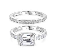 TJC Moissanite East West Engagement Ring Set for Women 925 Sterling Silver Rhodium Plated, Set of 2 Emerald Cut Solitaire Ring & Matching Wedding Band, Stackable Promise Jewellery Gift for Her