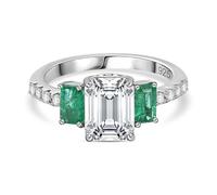TJC Moissanite & Emerald Three Stone Ring for Women, 925 Sterling Silver Rhodium Plated, Octagon Cut Moissanite with Natural Emerald Side Stones, Trilogy Promise Ring, Jewellery Gift for Her Size R