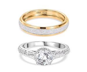TJC Moissanite Engagement Ring Set for Women, 925 Sterling Silver Solitaire & Bridal Wedding Band Ring Set, Platinum Plated Jewellery Stackable Rings Size Q