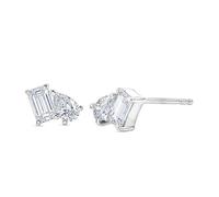 TJC Moissanite Toi et Moi Stud Earrings for Women 925 Sterling Silver Platinum Plated, Pear & Emerald Cut Lab Created Diamond Alternative Push Back Earrings, Jewellery Gift for Her