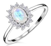 TJC MoonStone Halo Ring In Platinum Plated 925 Sterling Silver for Women Size R Prong Setting with White Zircon