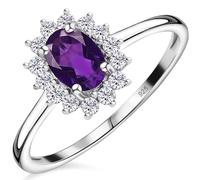 TJC Natural Amethyst Halo Ring for Womens in Platinum Plated 925 Sterling Silver Proposal Gemstone Jewellery Size S with White Zircon February Birthstone (3811680)
