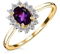TJC Natural Amethyst Halo Ring In 14ct Gold Plated 925 Sterling Silver for Women Size J Prong Setting with White Zircon February Birthstone