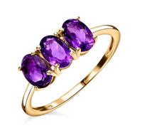 TJC Natural Amethyst Three Stone Ring for Women in 14ct Gold Plated 925 Sterling Silver Size M Prongs Setting Forever Together Gemstone February Birthstone Metal Wt. 1.6 Grams