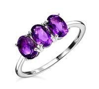 TJC Natural Amethyst Three Stone Ring for Women in Platinum Plated 925 Sterling Silver Size Q Prongs Setting Forever Together February Birthstone Metal Wt. 1.6 Grams