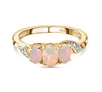 TJC Opal Trilogy Ring for Women 925 Sterling Silver 3 Stone Engagement Ring, 18K Vermeil Yellow Gold Plating, Silver Rings for Women October Birthstone Jewellery Gift Ring Size Q
