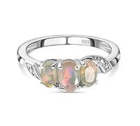 TJC Opal Trilogy Ring for Women 925 Sterling Silver 3 Stone Engagement Ring, Platinum Plating, Silver Rings for Women October Birthstone Jewellery Gift Ring Size N