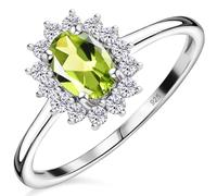 TJC Peridot Halo Ring for Women in Platinum Plated 925 Sterling Silver Size S Green Coloured August Birthstone