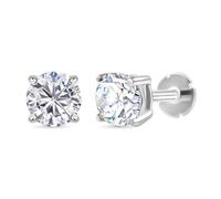 TJC Platinum Plated Silver Solitaire Stud Earring White Classic Moissanite Screw Back April Birthstone