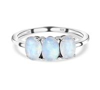 TJC Rainbow Moonstone Trilogy Ring for Women in Platinum Plated 925 Sterling Silver Size M with Prongs Setting Metal Wt. 1.6 Grams