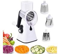TJC Rotary Cheese Grater Handheld Vegetable Slicer with 3 Stainless Steel Drum Blades - Carrot Grater for Kitchen - Slicer Shredder for Cucumber & Nuts - Strong Suction Base & Easy to Use - White