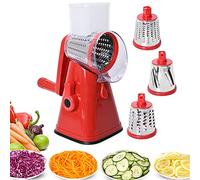 TJC Rotary Cheese Grater Handheld Vegetable Slicer with 3 Stainless Steel Drum Blades - Carrot Grater for Kitchen - Slicer Shredder for Cucumber & Nuts - Strong Suction Base & Easy to Use - Red
