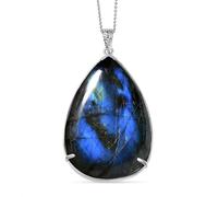 TJC Royal Bali Collection Labradorite Pear Pendant with Chain in Rhodium Overlay Sterling Silver, Iridescent Blue Gemstone Necklace, Handcrafted Balinese Artisan Jewellery (20 Inch)