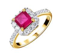 TJC Ruby Halo Ring in 14ct Gold Plated 925 Sterling Silver Size K Prong Setting Red Gemstone July Birthstone Metal Wt. 0.11 Grams