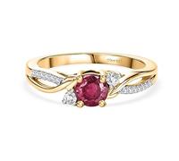 TJC Ruby Solitaire Ring for Women 925 Sterling Silver 18K Yellow Gold Plated, Princess Style African Ruby & Moissanite Crossover Ring, July Birthstone Engagement Promise Gold Ring Size M