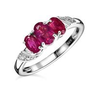 TJC Ruby Three Stone Ring for Women in Platinum Plated 925 Sterling Silver forever Together Size P Red Gemstone July Birthstone