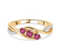 TJC Ruby Trilogy 3 Stone Ring for Women, 925 Sterling Silver 18K Vermeil Yellow Gold Plated, Moissanite Accents Engagement Promise Crossover Ring Gift for Her, Wife, Girlfriend Size Q
