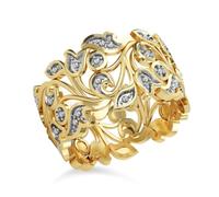 TJC Silver Rings for Women 925 Sterling Silver Leaf Vine Ring, Nature Inspired Wide Band Thumb Ring with Diamond Accent, Statement Ladies Ring, Yellow Gold Plated Womens Jewellery Gift Size V