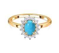 TJC Sleeping Beauty Turquoise Halo Ring In Yellow Gold Plated 925 Sterling Silver for Women Size O Prong Setting with White Zircon Blue Coloured December Birthstone