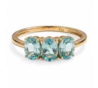TJC Three Stone Trilogy Ring for Women 925 Sterling Silver 18K Yellow Gold Vermeil Plated, Aquamarine March Birthstone Anniversary Engagement Promise Ring Jewellery Gift for Her Size R