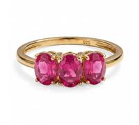 TJC Three Stone Trilogy Ring for Women 925 Sterling Silver 18K Yellow Gold Vermeil Plated, Ruby July Birthstone Anniversary Engagement Promise Ring Jewellery Gift for Her Size R