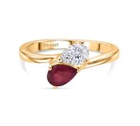 TJC Toi Et Moi Birthstone Ring for Women, 925 Sterling Silver 18K Yellow Gold Vermeil, Ruby & Moissanite Two Stone Promise Engagement Anniversary Ring, July Birthstone Jewellery Gift, Size L