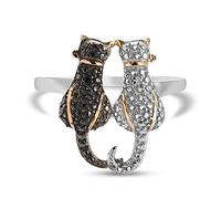 TJC White Diamond and Natural Black Diamond Twin Cat Ring for Women Size J with Prongs Setting in Platinum and Yellow Gold Plated 925 Sterling Silver April Birthstone Metal Wt. 3.75 Grams