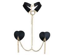 TJCGCKK Reusable Metal Chain Nipple Stickers with Choker Faux Leather Metal Tassel Nipple Cover Rave Bra Sex Body Chain (Black)