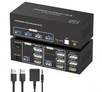 TJCXELE 8K60Hz HDMI+2Displayport KVM Switch 3 Monitors 2 Computers USB 3.0 KVM Switches Sharing Multiple Monitors and 4 USB Devices Supports Extended Mode & Copy Mode with 12V Adapter