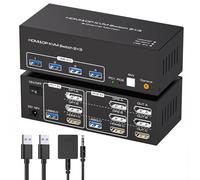 TJCXELE 8K60Hz HDMI Displayport KVM Switch 3 Monitors 2 Computers USB 3.0 KVM Switches Sharing Multiple Monitors and 4 USB Devices Supports Extended Mode & Copy Mode with 12V Adapter - Black
